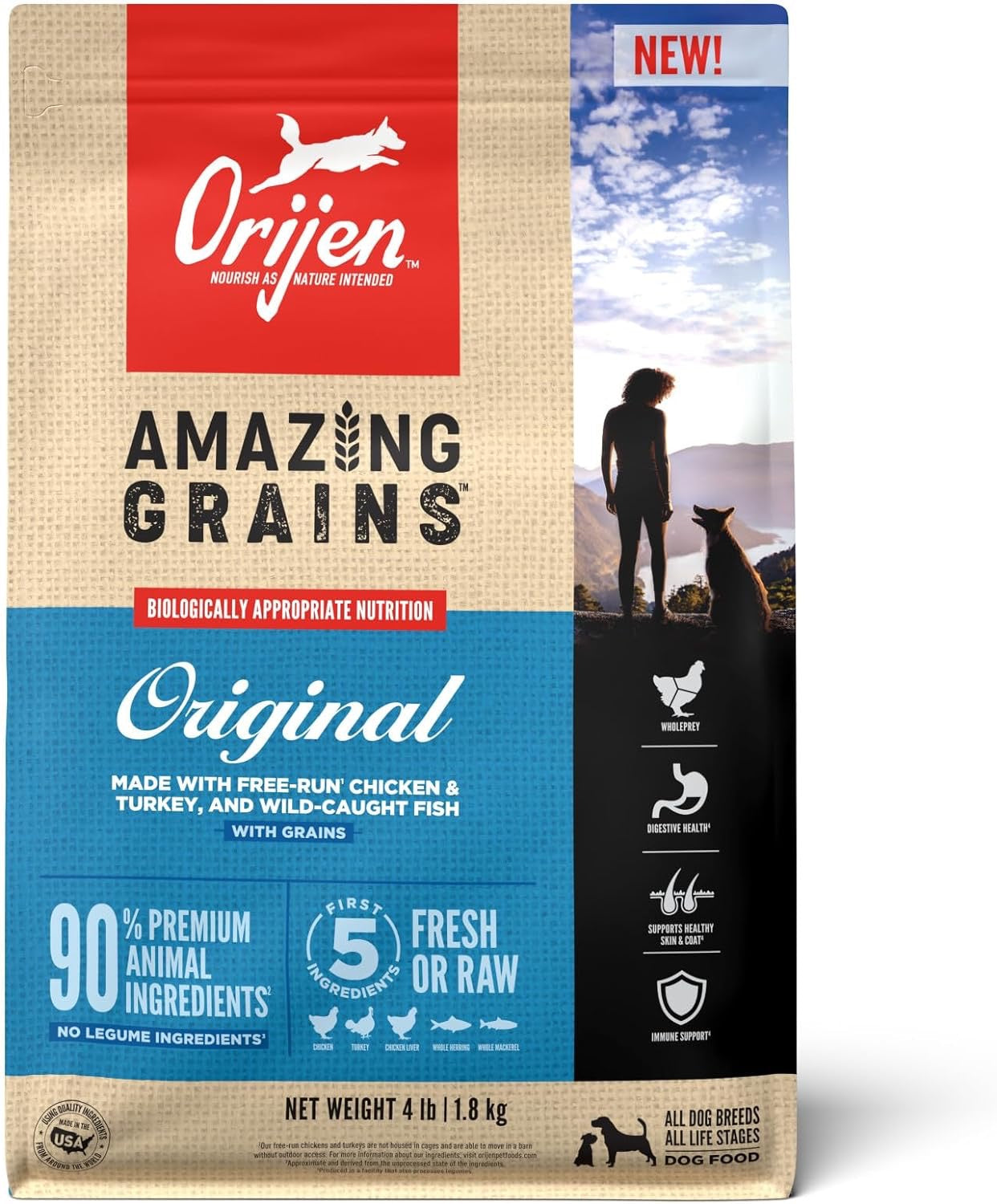 Orijen Amazing Grains dog food in a 4lb bag with free-run chicken, turkey, and wild-caught fish