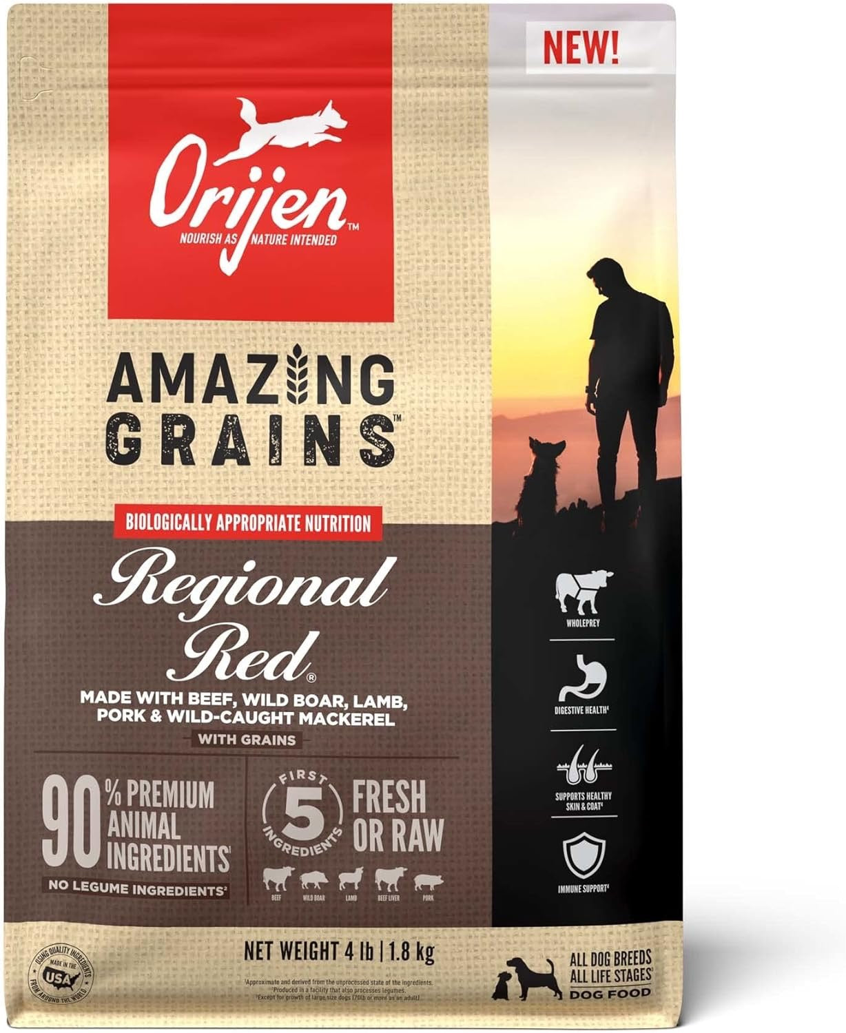 Orijen Amazing Grains Regional Red dog food with beef, wild boar, and mackerel in a 4 lb bag