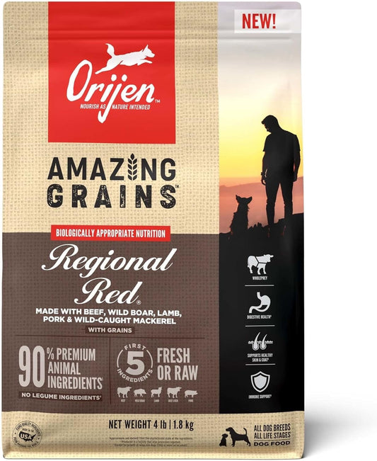 Orijen Amazing Grains Regional Red dog food with beef, wild boar, and mackerel in a 4 lb bag