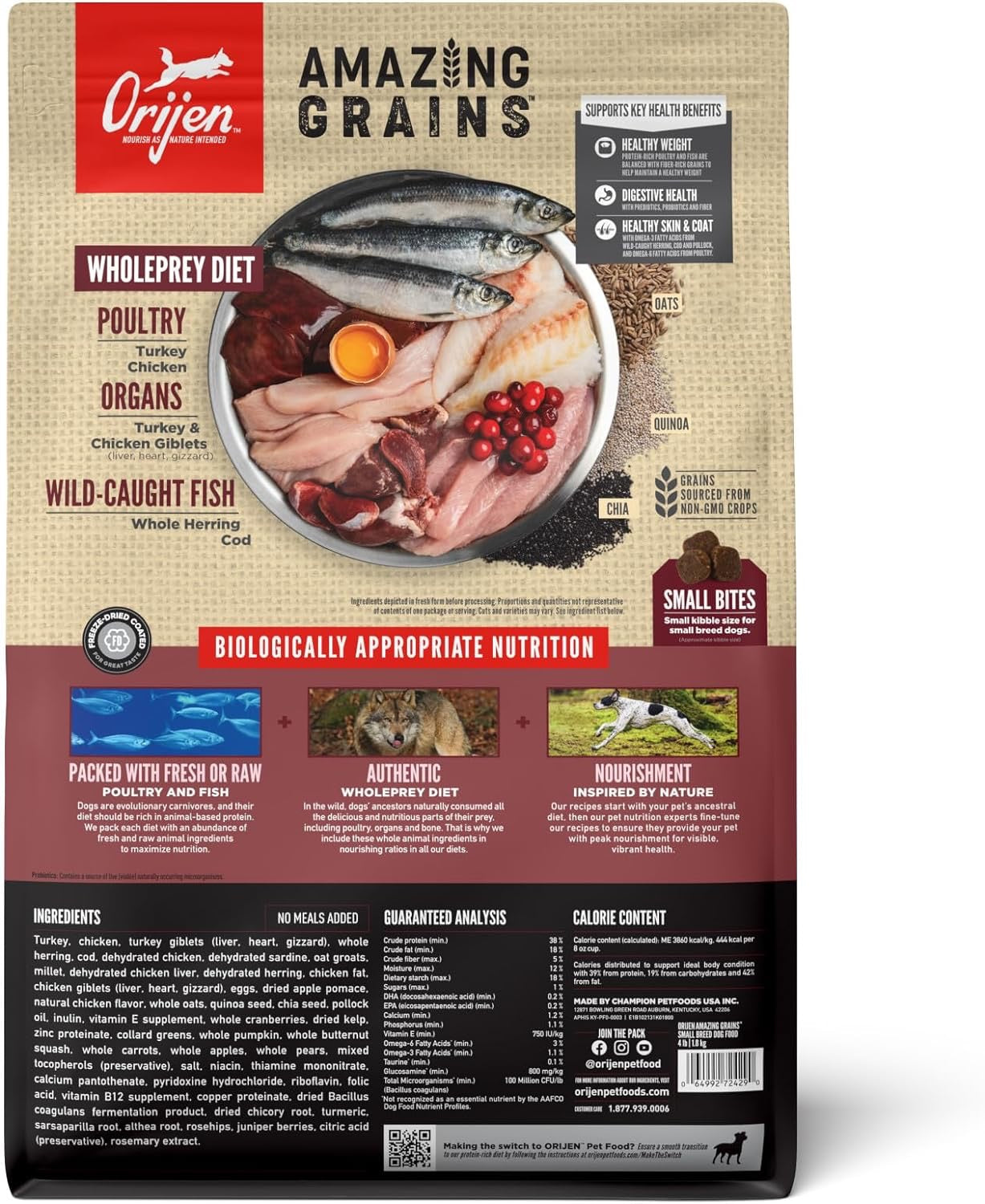 Orijen Amazing Grains small breed dog food featuring whole prey diet with poultry and fish ingredients