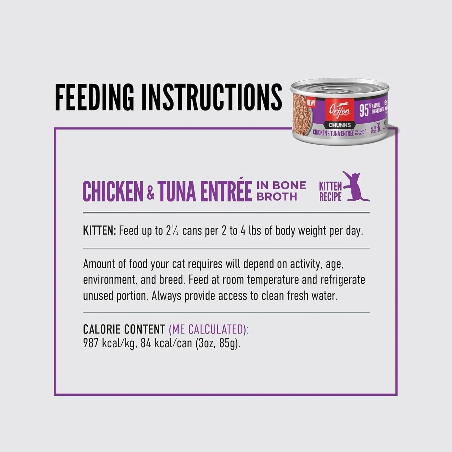 Orijen Grain Free Chunks & Shreds Kitten Chicken & Tuna Wet Cat Food by The Family Pet, 3oz can, featuring vibrant packaging.