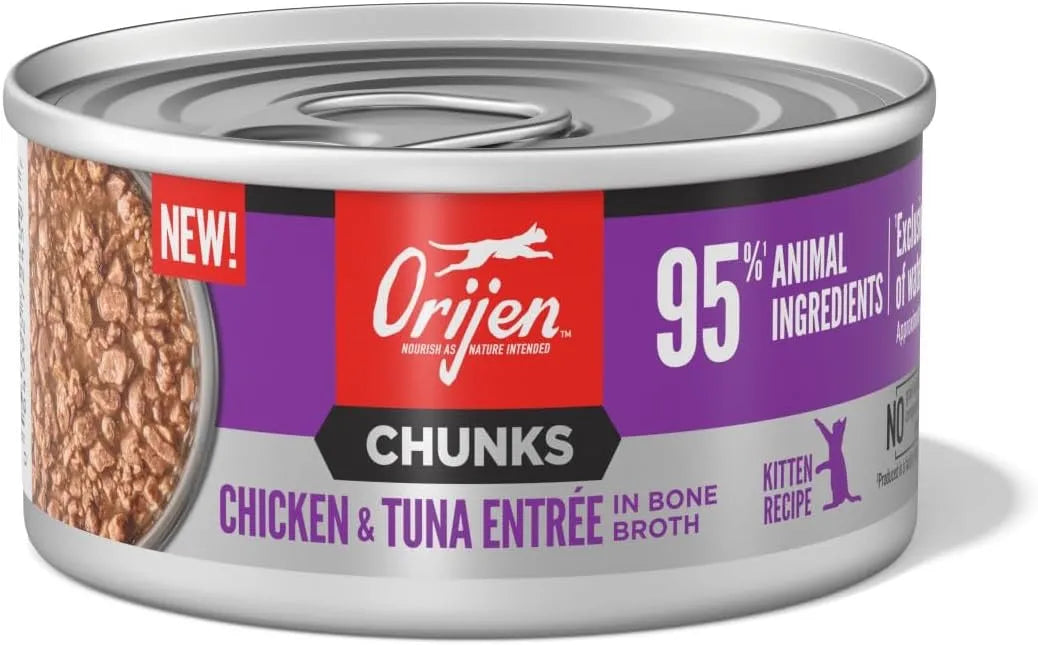 Orijen Grain Free Chunks & Shreds Kitten Chicken & Tuna Wet Cat Food by The Family Pet, 3oz can, featuring colorful packag...