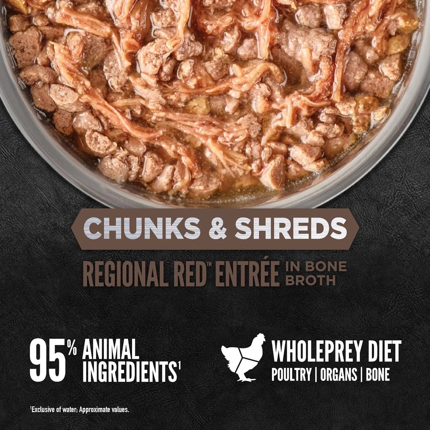 Orijen Grain Free Chunks & Shreds Regional Red Wet Cat Food by The Family Pet, 3oz can, featuring rich red meat ingredients.