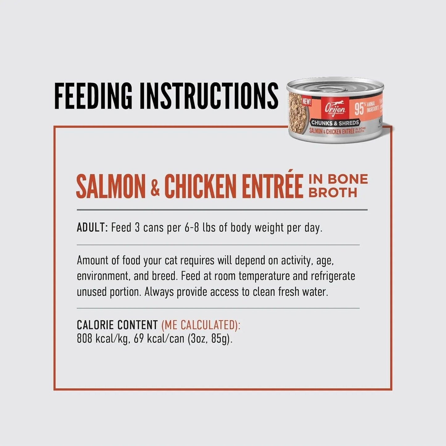 Orijen Grain Free Chunks & Shreds Salmon & Chicken Wet Cat Food by The Family Pet, 3oz can in vibrant colors, ideal for cats.