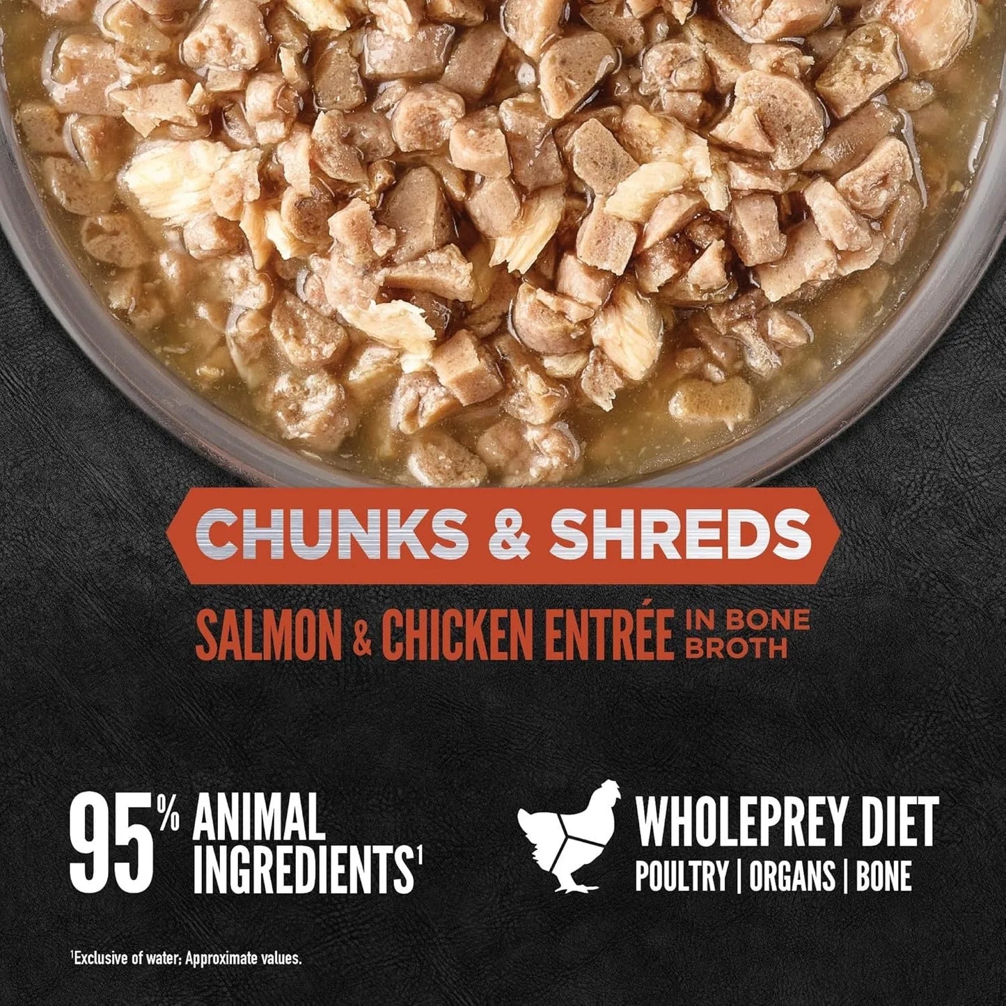 Orijen Grain Free Chunks & Shreds Salmon & Chicken Wet Cat Food by The Family Pet, 3oz can with vibrant packaging.