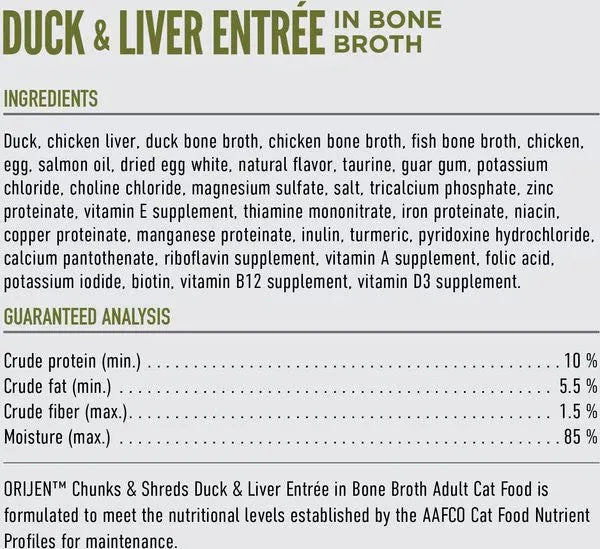 Orijen Grain Free Chunks & Shreds Duck & Liver Wet Cat Food by The Family Pet, 3oz can, featuring a vibrant design.