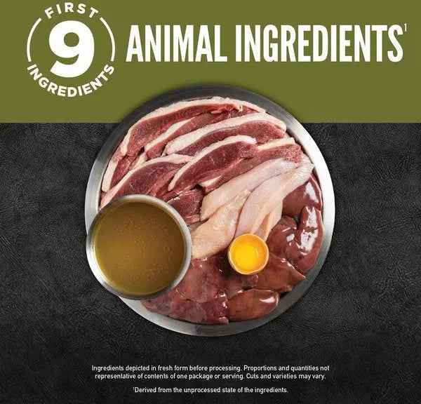 Orijen Grain Free Chunks & Shreds Duck & Liver Wet Cat Food by The Family Pet, 3oz can, featuring a vibrant design.