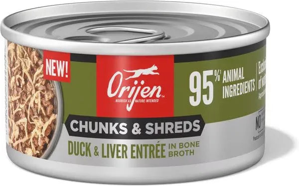 Orijen Grain Free Chunks & Shreds Duck & Liver Wet Cat Food by The Family Pet, 3oz can, featuring rich, meaty textures.