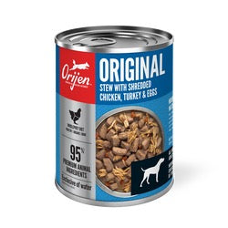 Orijen grain free wet dog food in a can with shredded chicken, turkey, and eggs for premium nutrition