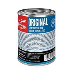 Orijen Original Stew Grain Free Wet Dog Food by The Family Pet, 12.8oz can, showcasing hearty ingredients for dogs.