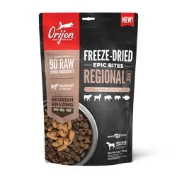 Orijen Regional Red Epic Bites Freeze Dried Dog Food (6oz) by The Family Pet, featuring a vibrant red packaging, perfect f...