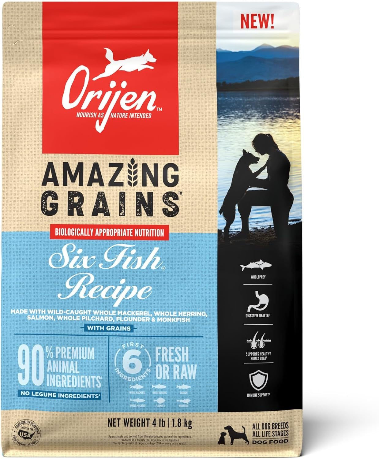 Orijen Six Fish dry dog food with fresh fish ingredients for healthy canine nutrition