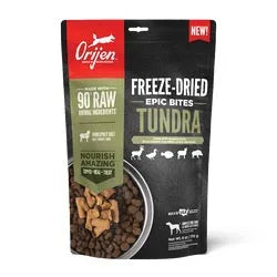Orijen Tundra Epic Bites 6oz bag of freeze-dried dry dog food by The Family Pet, featuring a colorful wilderness design.