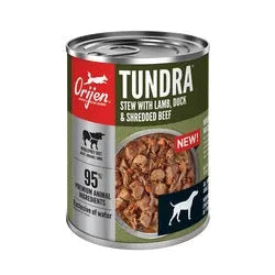 Orijen Tundra Stew Wet Dog Food in a 12.8oz can by The Family Pet, featuring a premium venison recipe, budget-friendly opt...