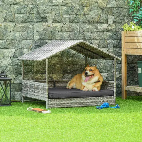 Stylish outdoor luxury dog bed with a roof for shade, perfect for pets relaxing in the garden