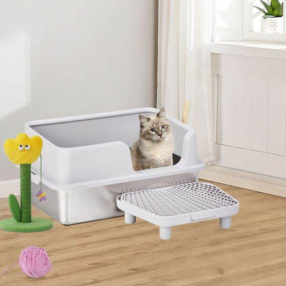 Purrfect Pet Kingdom easy clean metal litter box with high sides and white plastic top with cat inside