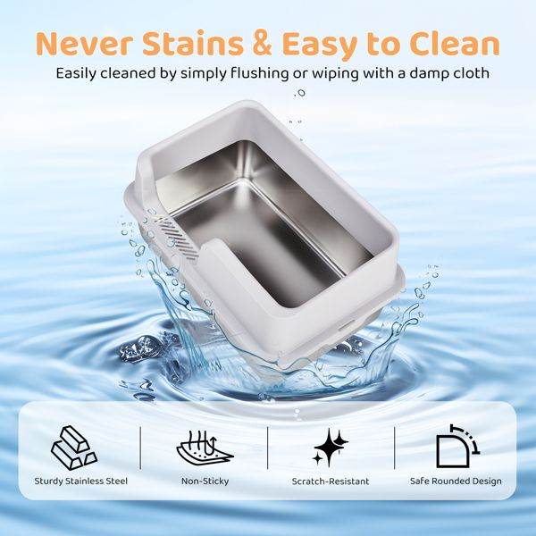 Purrfect Pet Kingdom easy clean metal litter box with high sides made of sturdy stainless steel