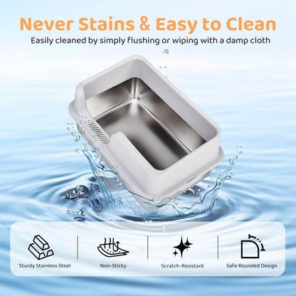 Purrfect Pet Kingdom easy clean metal litter box with high sides made of sturdy stainless steel