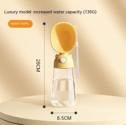 Yellow Mimarta 550ml travel dog bottle with clear plastic body, integrated bowl, and wrist strap.