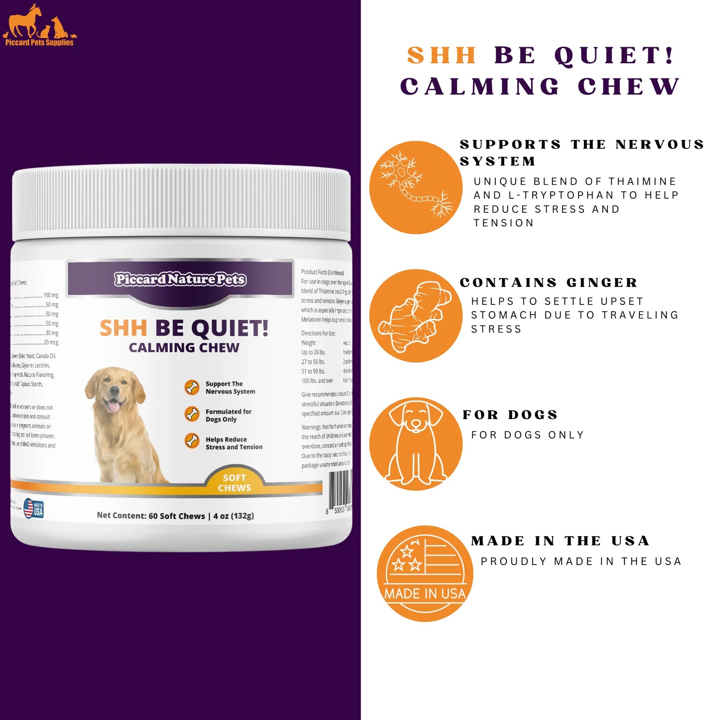 Paw and Tail Supply - PiccardNaturePets Shh Be Quiet! Calming Aid Dog Supplement 60ct - Dog Health & Wellness