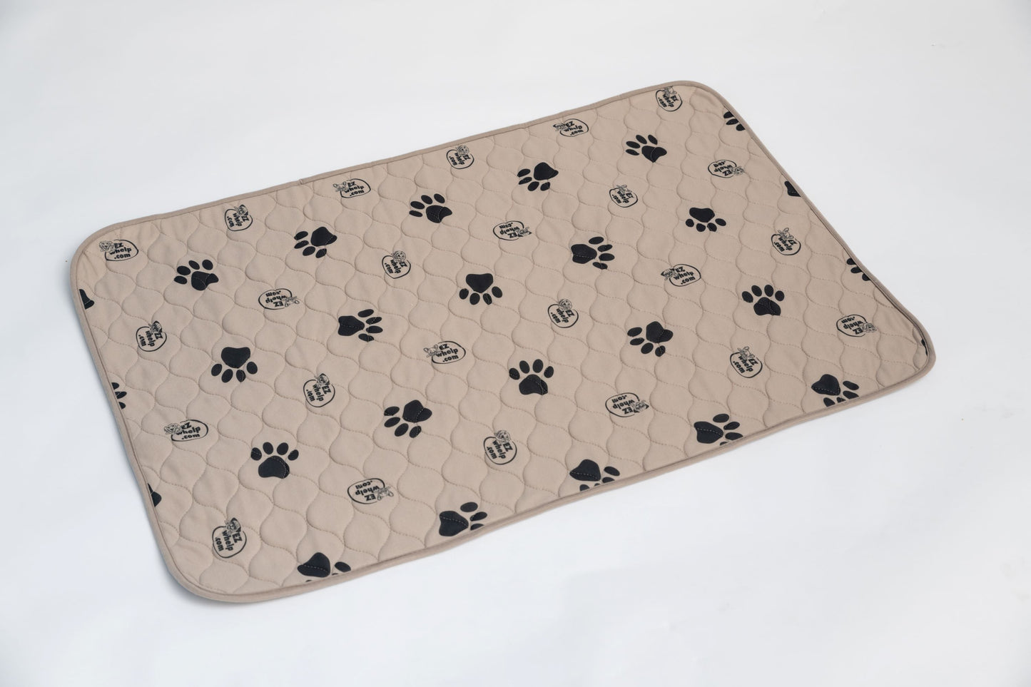 EZwhelp paw print pet mat 2 pack in beige with black paw and logo designs for pet feeding areas