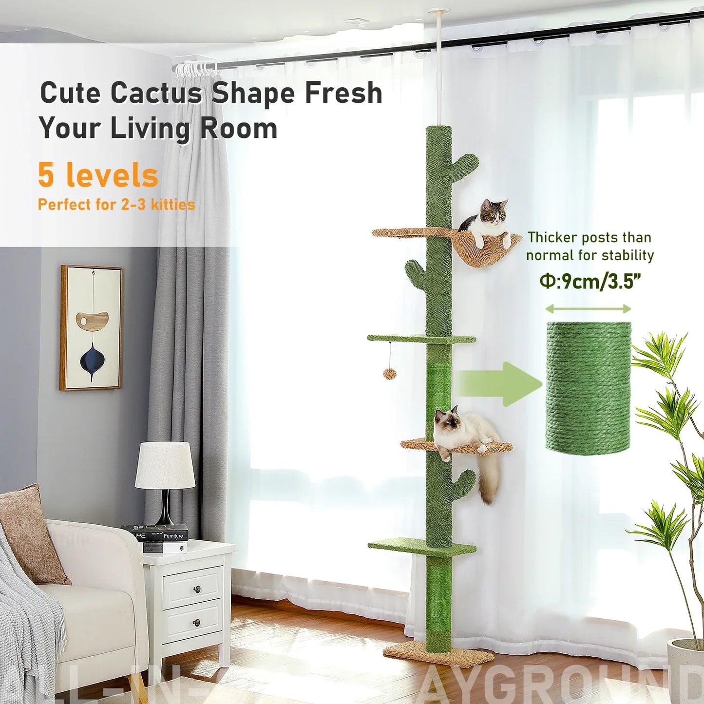 Cute cactus shaped 5 tier cat tree tower with multiple levels for 2-3 kitties and thicker posts