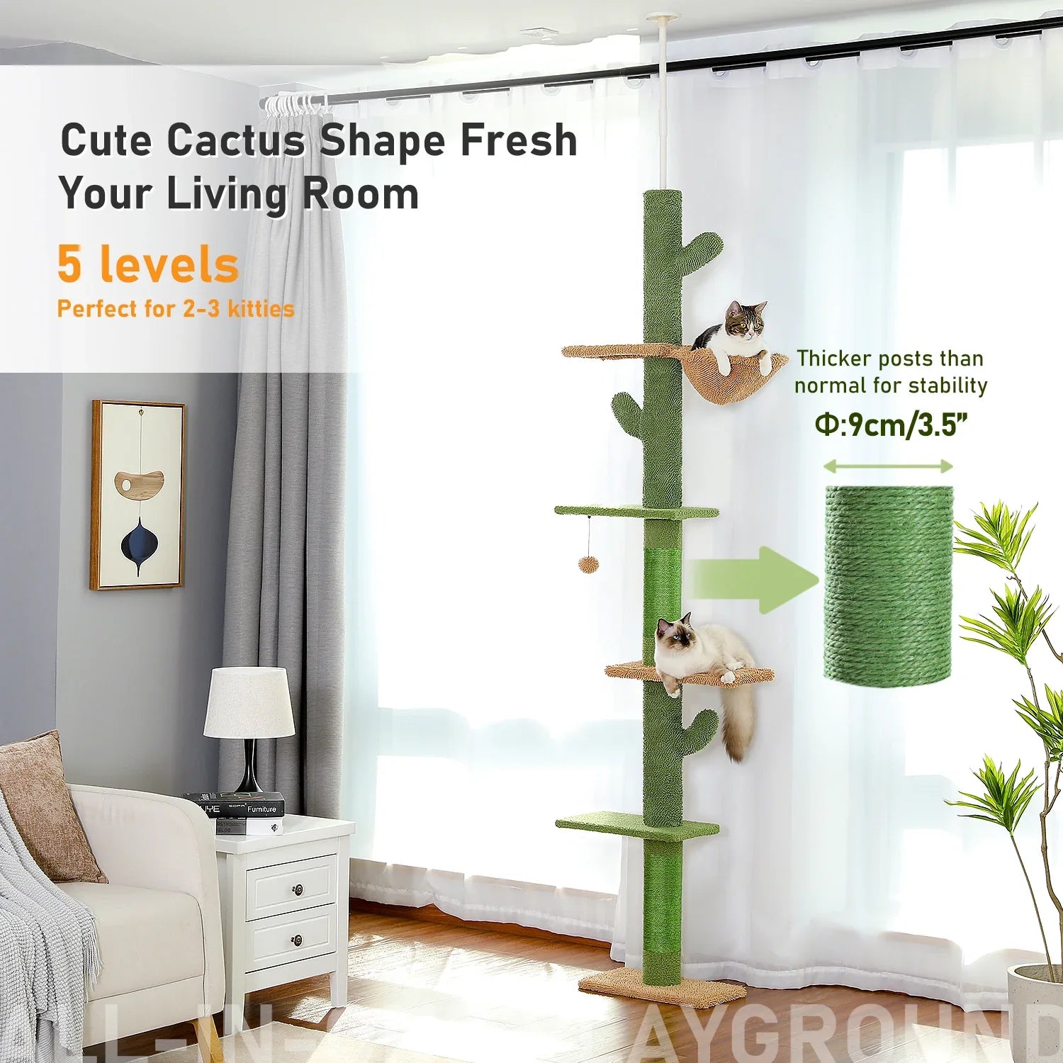Cute cactus shaped 5 tier cat tree tower with multiple levels for 2-3 kitties and thicker posts