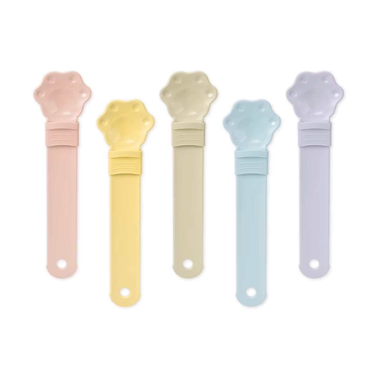 Colorful paw shaped cat treat spoon set in pastel shades for serving small pet treats