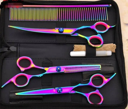 Rainbow stainless pet grooming scissors set with straight, thinning, curved shears, comb and black zip case