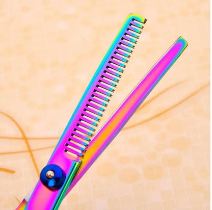 Iridescent rainbow thinning shears close up from Purrfect Pet Kingdom pet grooming scissors set
