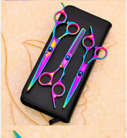 Iridescent stainless steel pet grooming scissors set including straight and thinning shears on black case