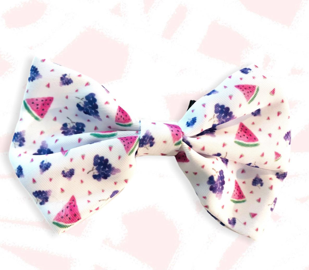 Watermelon grape pet harness set featuring a colorful bow design with fruit patterns
