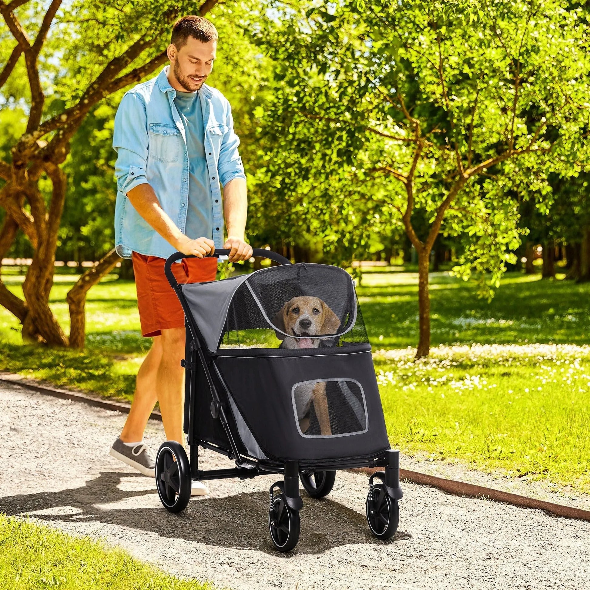 PawHut Pet Stroller by Berry Charmz, one-click fold design with universal front wheels, featuring a mesh window and storag...