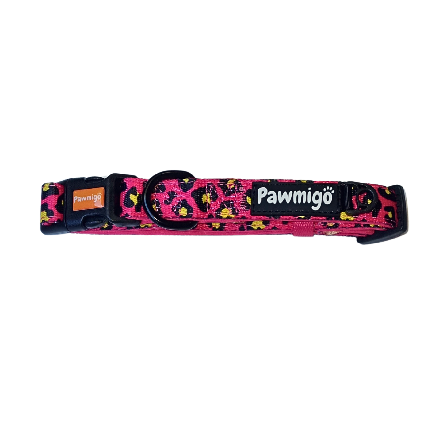 Pawmigo 90s style pet collar in vibrant pink and leopard print design for stylish dogs