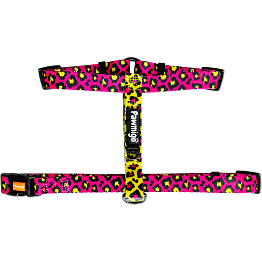 Pawmigo 90s style pet harness in vibrant pink and black leopard print design for stylish dogs