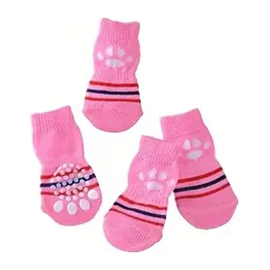 Paw Print Striped Pink Non-Skid Bottom Warm Pet Socks - 4pc