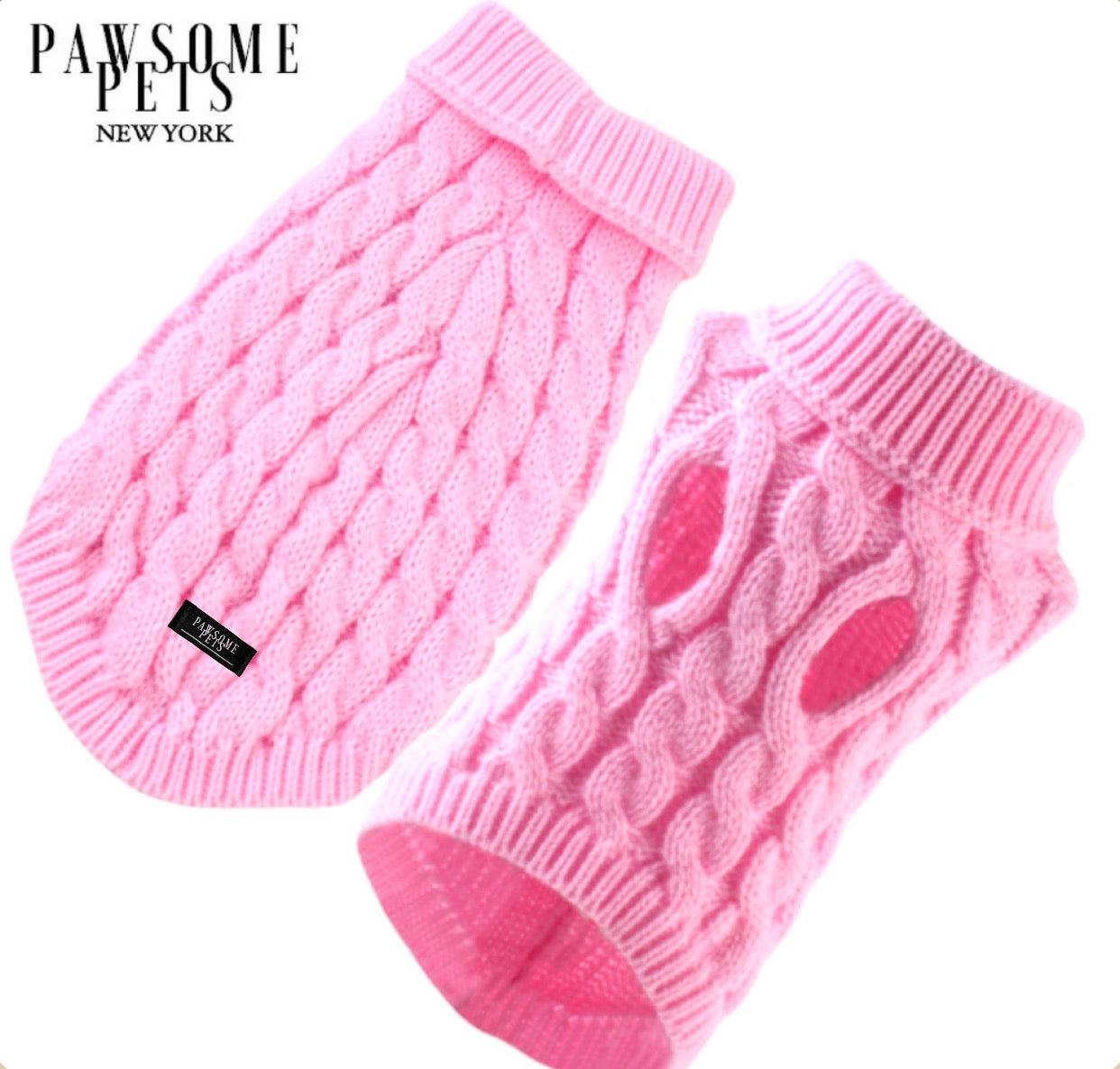 Cozy pink winter pet sweater by Tail Chasers featuring a cable knit design for warmth and style