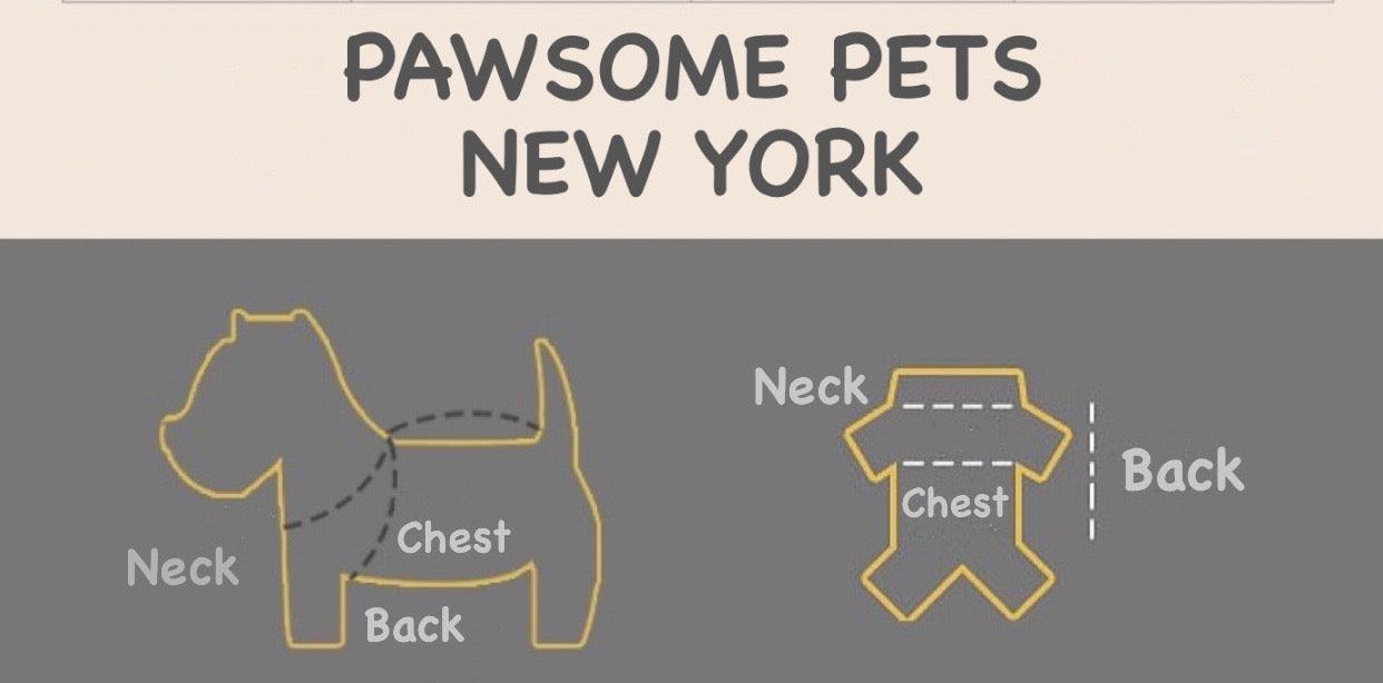 Size chart for dogs featuring Neck, Chest, and Back measurements for a cozy pink winter pet sweater