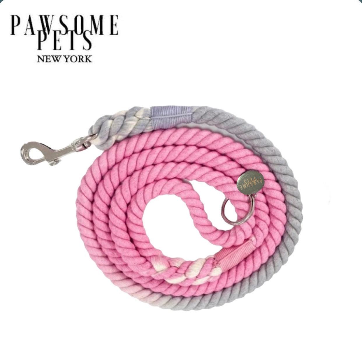Tail Chasers durable rope leash for medium dogs in pink and gray with a sturdy clip