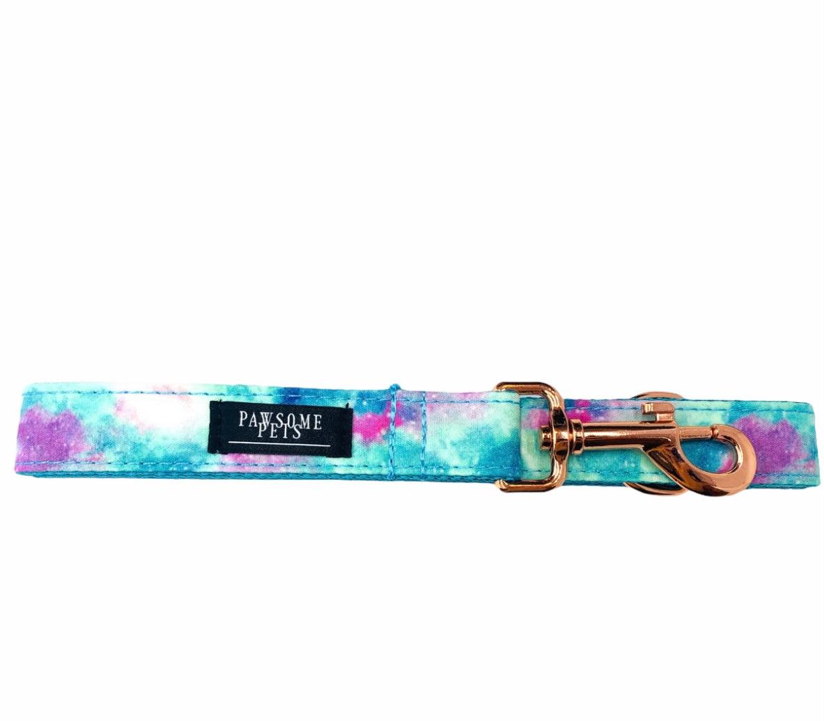 Tail Chasers no pull step in pet harness and leash set in vibrant watercolor design with a gold clip