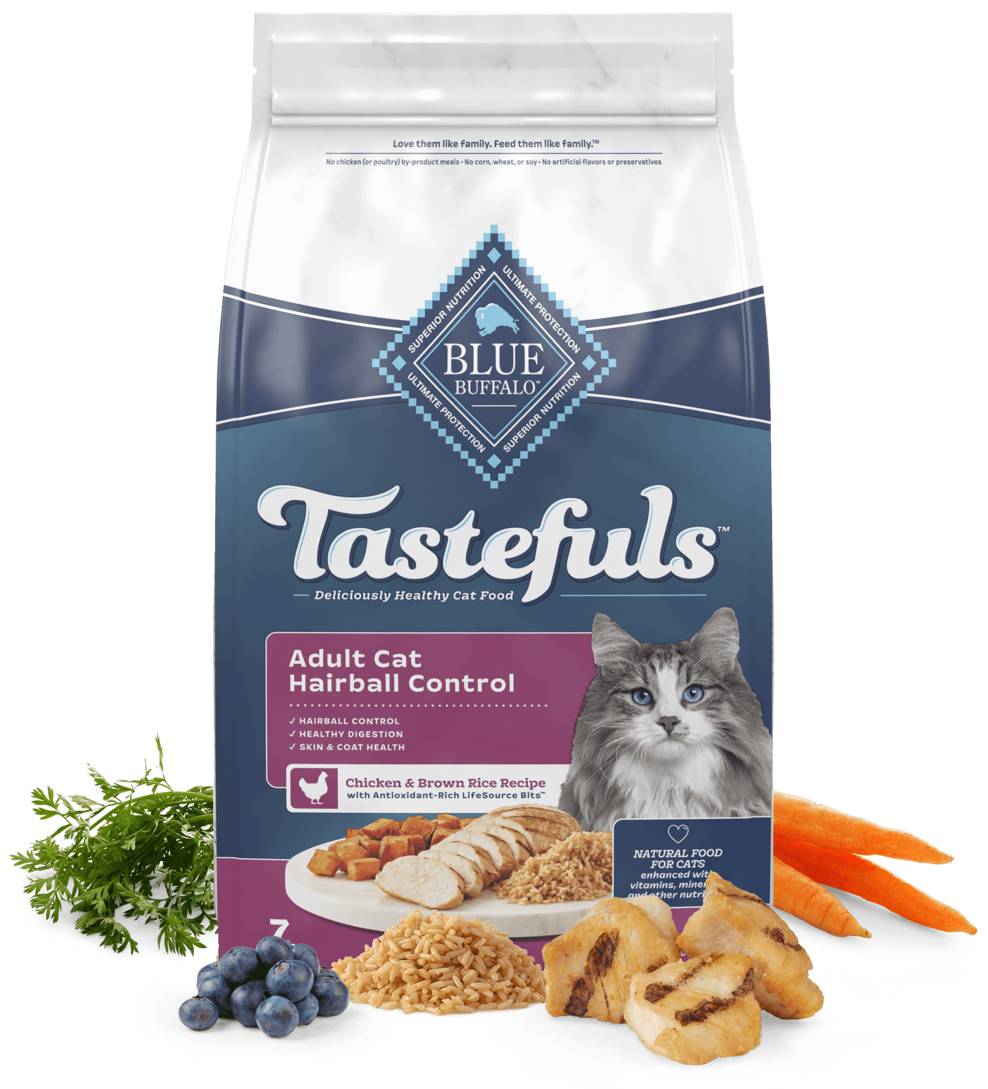 Blue Buffalo Blue Tastefuls Adult Cat Hairball Control Chicken & Rice Dry Food (3lb) - Blue Buffalo Dry Cat Food - The Family Pet