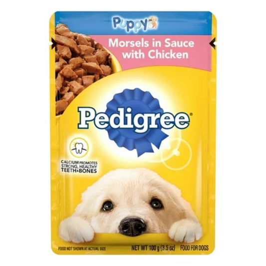 Pedigree puppy food chicken in a pouch with morsels in sauce featuring a playful puppy graphic