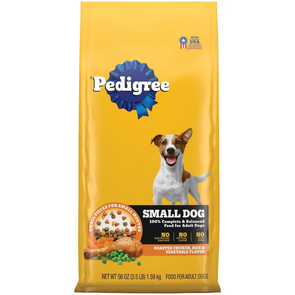 Bag of Pedigree small dog food with roasted chicken, rice, and vegetable flavor for adult dogs