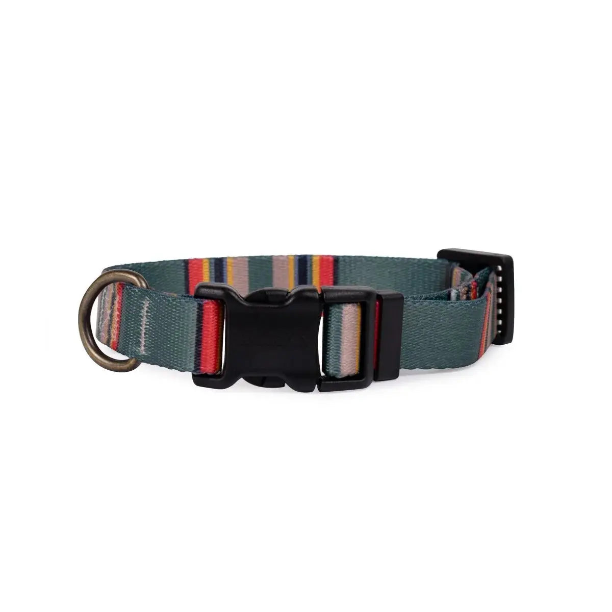 Pendleton Adventure dog collar in green with colorful stripes and durable buckle for outdoor use