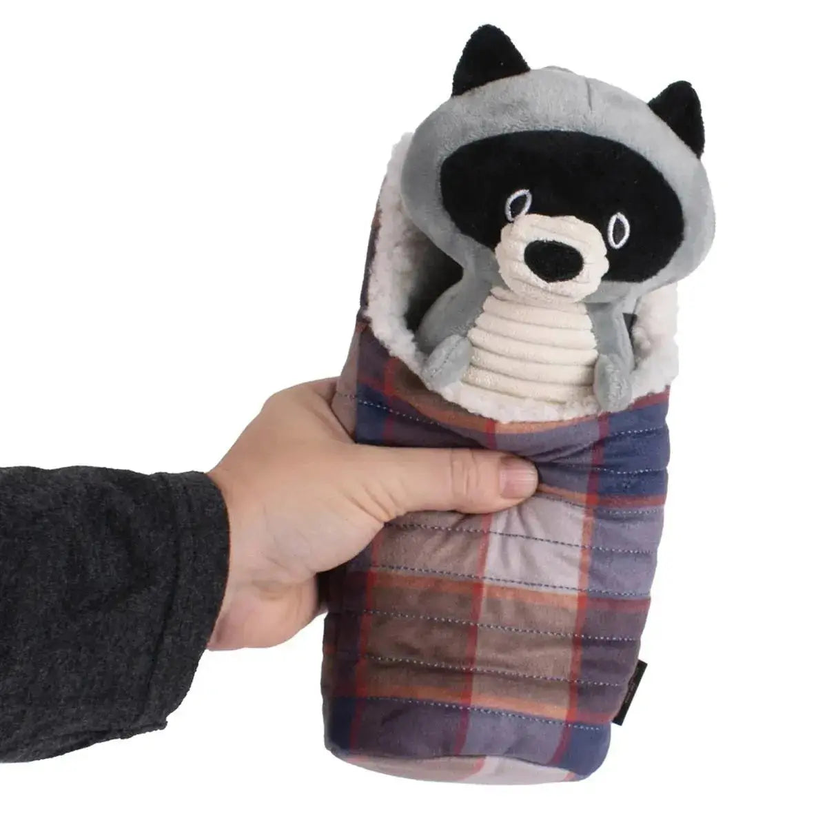 K9 Outdoors Pendleton Camp Pal Dog Toy in a cozy plaid design with a soft raccoon character