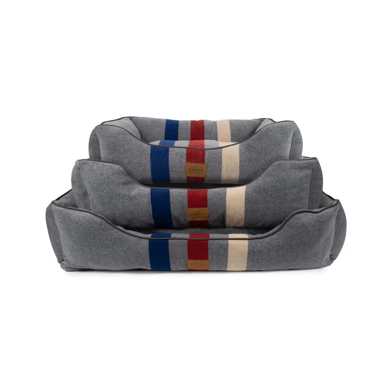 Pendleton dog bed in grey with colorful stripe pattern available in three sizes for comfy pet lounging