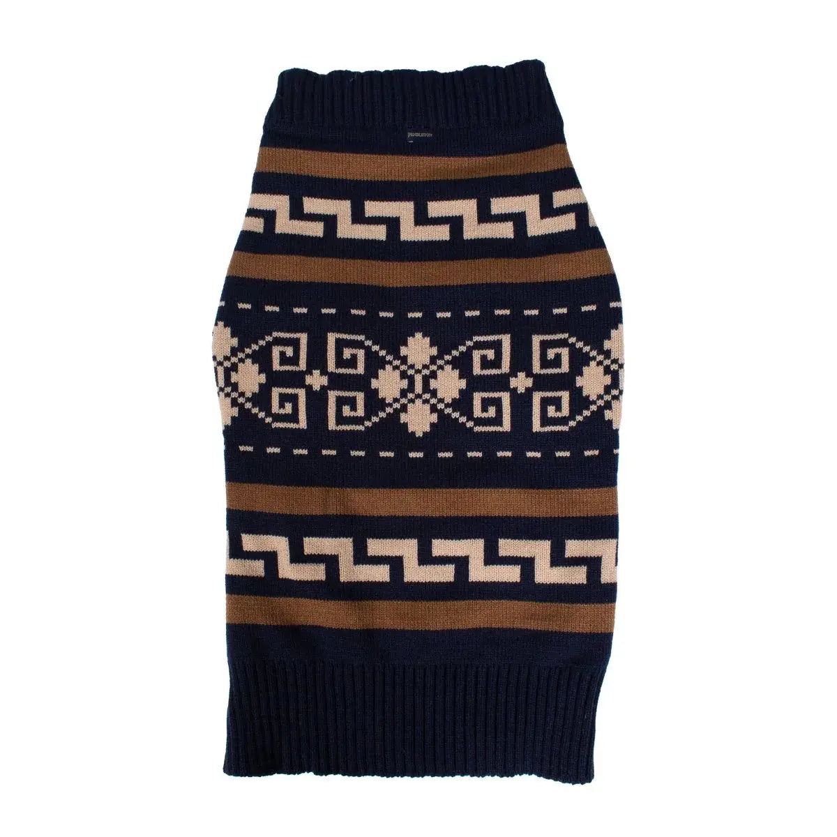 Pendleton dog sweater in navy and brown pattern for stylish pet warmth during colder months
