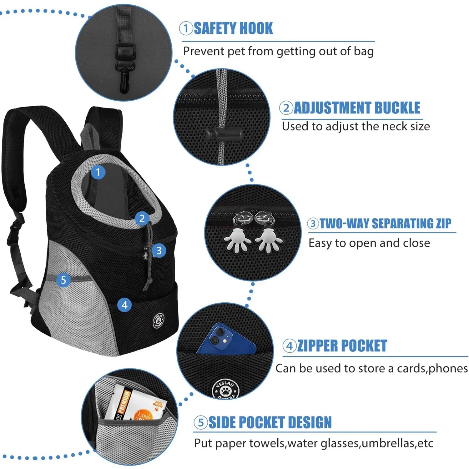 THRIXINE pet backpack carrier for hiking and camping with safety hook and adjustable buckle features