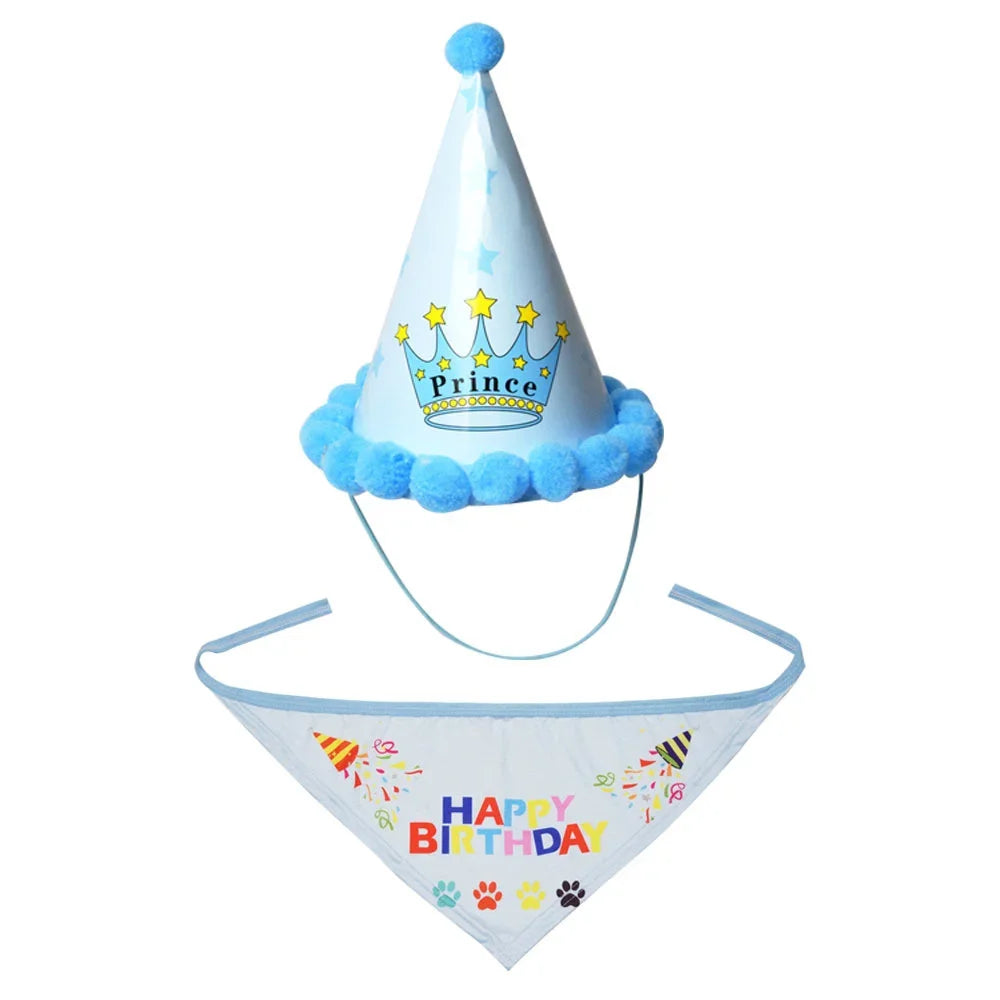 Blue birthday hat and bandana with colorful Happy Birthday design for pet birthday accessories for dogs and cats
