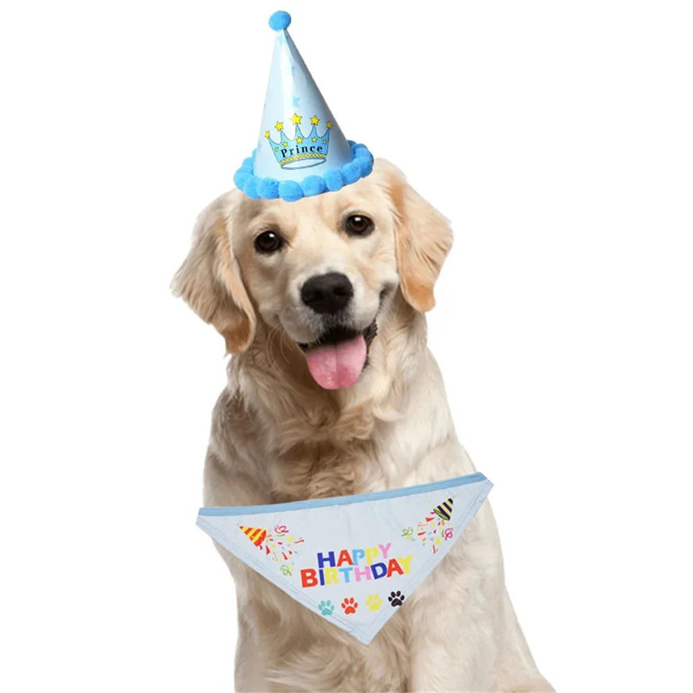 Golden retriever wearing a birthday hat and bandana celebrating with pet birthday accessories for dogs and cats